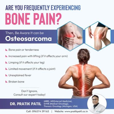 Experiencing bone pain? It might be osteosarcoma! Symptoms include tenderness, increased pain with lifting, limping, limited movement, unexplained fever, and broken bones. Don't ignore—consult our experts today!