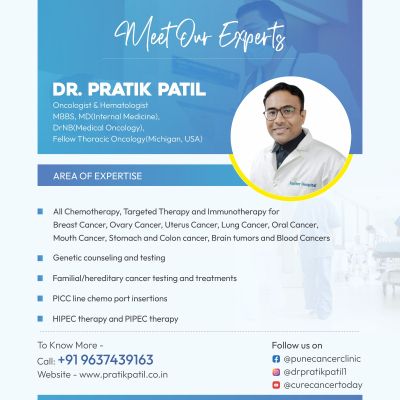 Meet Our Experts DR. PRATIK PATIL Oncologist &amp; Hematologist MBBS, MD(Internal Medicine), DNB(Medical Oncology), Fellow Thoracic Oncology(Michigan, USA) AREA OF EXPERTISE Jupiter Hospital All Chemotherapy, Targeted Therapy and Immunotherapy for Breast Cancer, Ovary Cancer, Uterus Cancer, Lung Cancer, Oral Cancer, Mouth Cancer, Stomach and Colon cancer, Brain tumors and Blood Cancers Genetic counseling and testing Familial/hereditary cancer testing and treatments PICC line chemo port insertions HIPEC therapy and PIPEC therapy