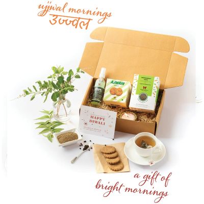 'Ujjwal' Mornings - a gift of bright mornings.

An exceptional gift for all your “morning person” contacts.

This Diwali, gift ‘Ujjwal’ Mornings to your loved ones and make their mornings special. The refreshing Ajwain Cookies and energising Suprabhat Green Tea gives the day an invigorating start. The slightly sweet and savoury cookies accentuate the herby blend of Tulsi, Brahmi, Mulethi with a hint of Black Pepper.