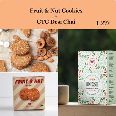 Fruit &amp; Nut Cookies + CTC Desi Chai

Indulge in the perfect blend of crunch, flavor, and nutrition with our Fruit &amp; Nut Cookies, paired with the rich and aromatic CTC Desi Chai, carefully crafted to provide a delightful snacking experience.

Fruit &amp; Nut Cookies 100gm: Made with a delicious blend of dried fruits and nuts, these cookies are not only a treat to the taste buds but also packed with nutrients and antioxidants. The combination of fruits and nuts provides a natural source of energy, making these cookies an excellent choice for a healthy snack.

CTC Desi Chai 250gm: Experience the authentic taste of Indian chai with our CTC Desi Chai, made from high-quality tea leaves and a special blend of spices. This tea is not only a delight to the senses but also rich in antioxidants and natural goodness.

Our Diwali gifts are carefully curated to spread joy and warmth during the festive season. Each hamper is beautifully wrapped in a unique Butterfly Ayurveda wrapping sheet, adding a touch of elegance and sophistication.

To make it even more special, our hampers are topped with a vibrant red bow, symbolizing prosperity and good fortune. Inside, you'll find a thoughtful greeting card, wishing your loved ones a Happy Diwali.

Our Commitment

100% Natural Products
Delivered with Care
Guaranteed Customer Satisfaction
To place your order or Bulk enquiry call us at +91 7428480555, 0124-4794400.